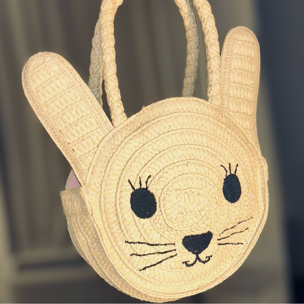 Baby GAP Cream Rabbit Face Handbag w Woven, pink interior & Bunny Shape